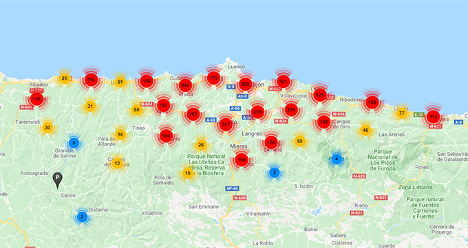 Mapa de la avispa asiática en Asturias 2019